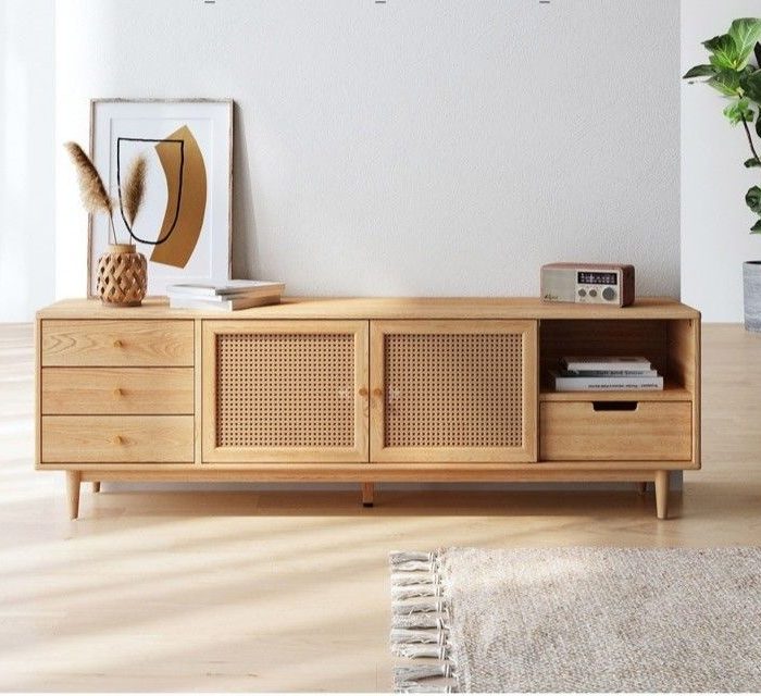 Meja TV / Credenza Minimalis Panjang Rotan (Rattan TV Cabinet Console)